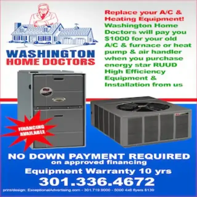 Ad for AC units Man standing over house